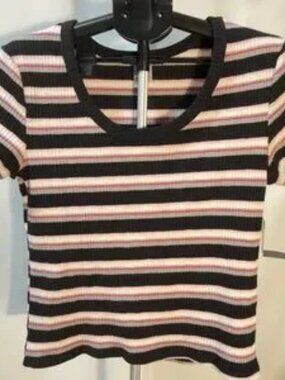 Black, Pink, and White Striped Short Sleeve Top